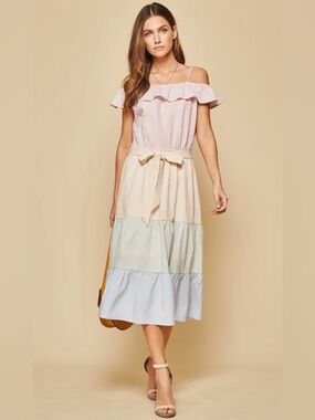 Andree By Unit Pastel Seersucker Midi Dress L Off Shoulder Cottagecore